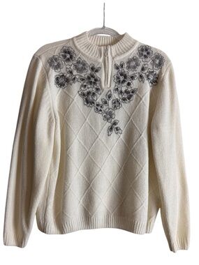 Alfred Dunner Cream Embellished Front Sweater Mockneck Zip Size M